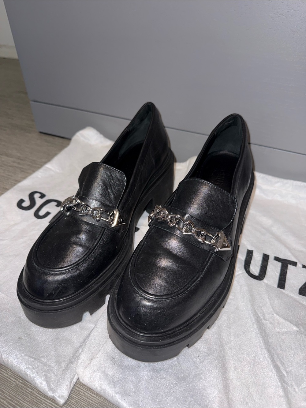 Schutz Black Leather Chain-Trim‎ Platform Loafers